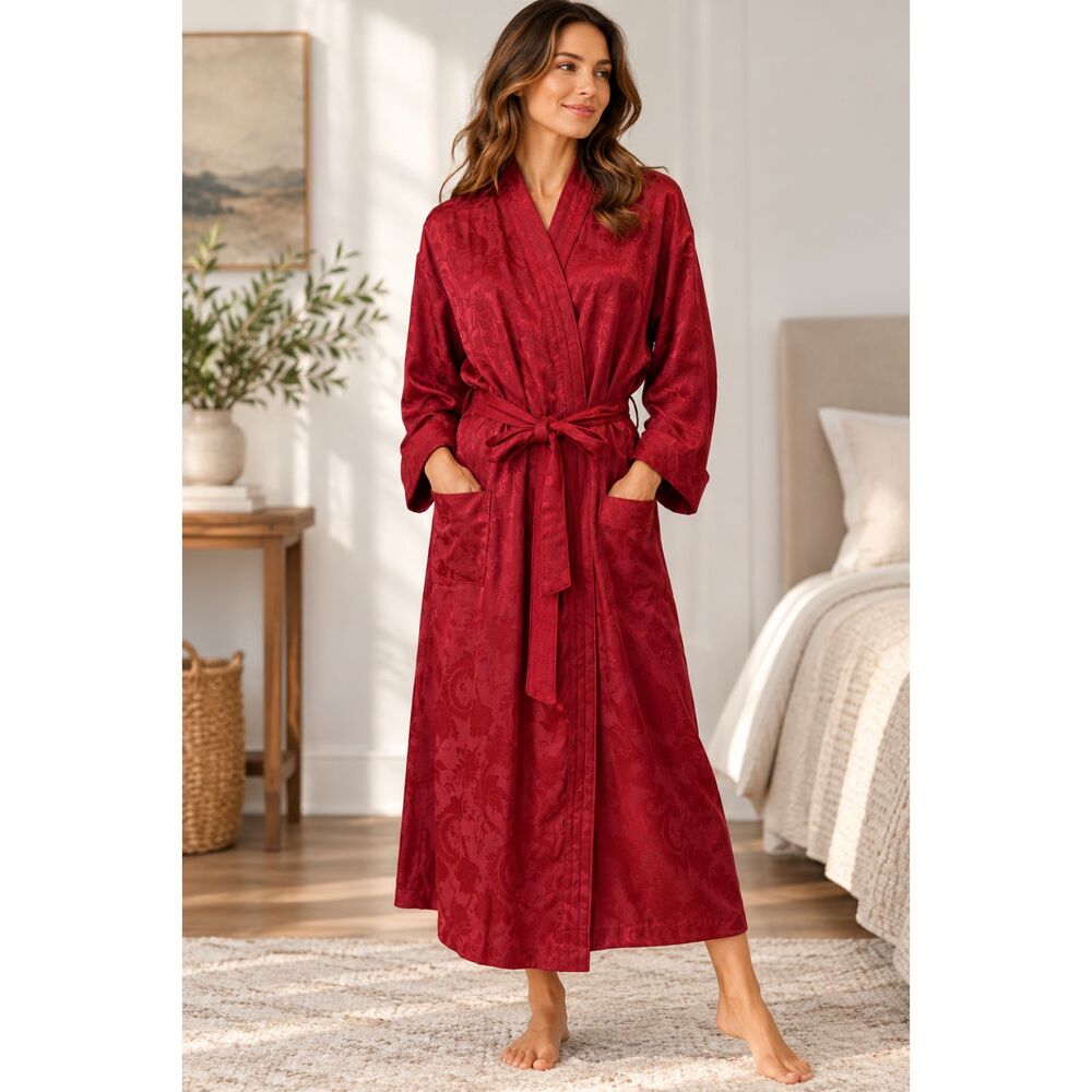 Vintage Victoria’s Secret Red Satin Terrycloth Robe Belted Floral Pattern P/S